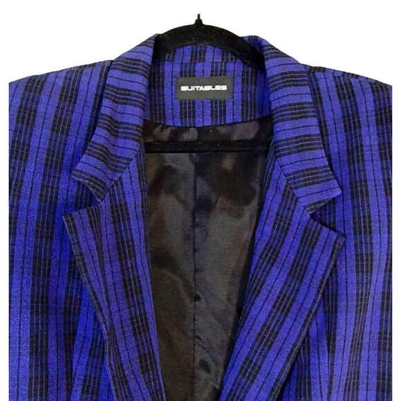 Suitables Blazer Womens 10 Royal Blue Black Plaid Edwardian Cut 1 Button Lined - Picture 2 of 8